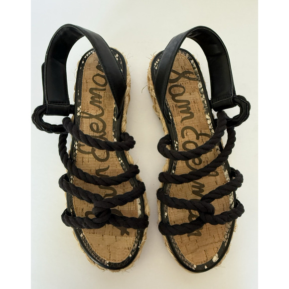SAM EDELMAN Cristan Black Rope & Leather Strappy Rafia Sandals Size 7 Beachy EUC - Picture 10 of 12